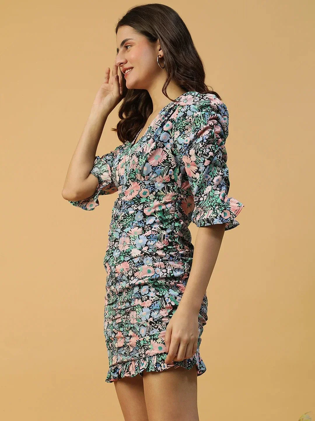 Multicolor Floral Print Chic Blue Gathered & Ruffle Detail Women Dress - Image 3