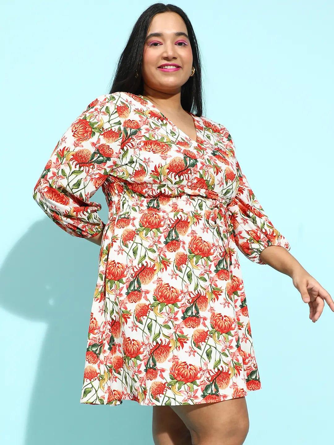 Multicolor Floral Print Elasticated Knee-Length Plus Size Curvy Dress - Image 4