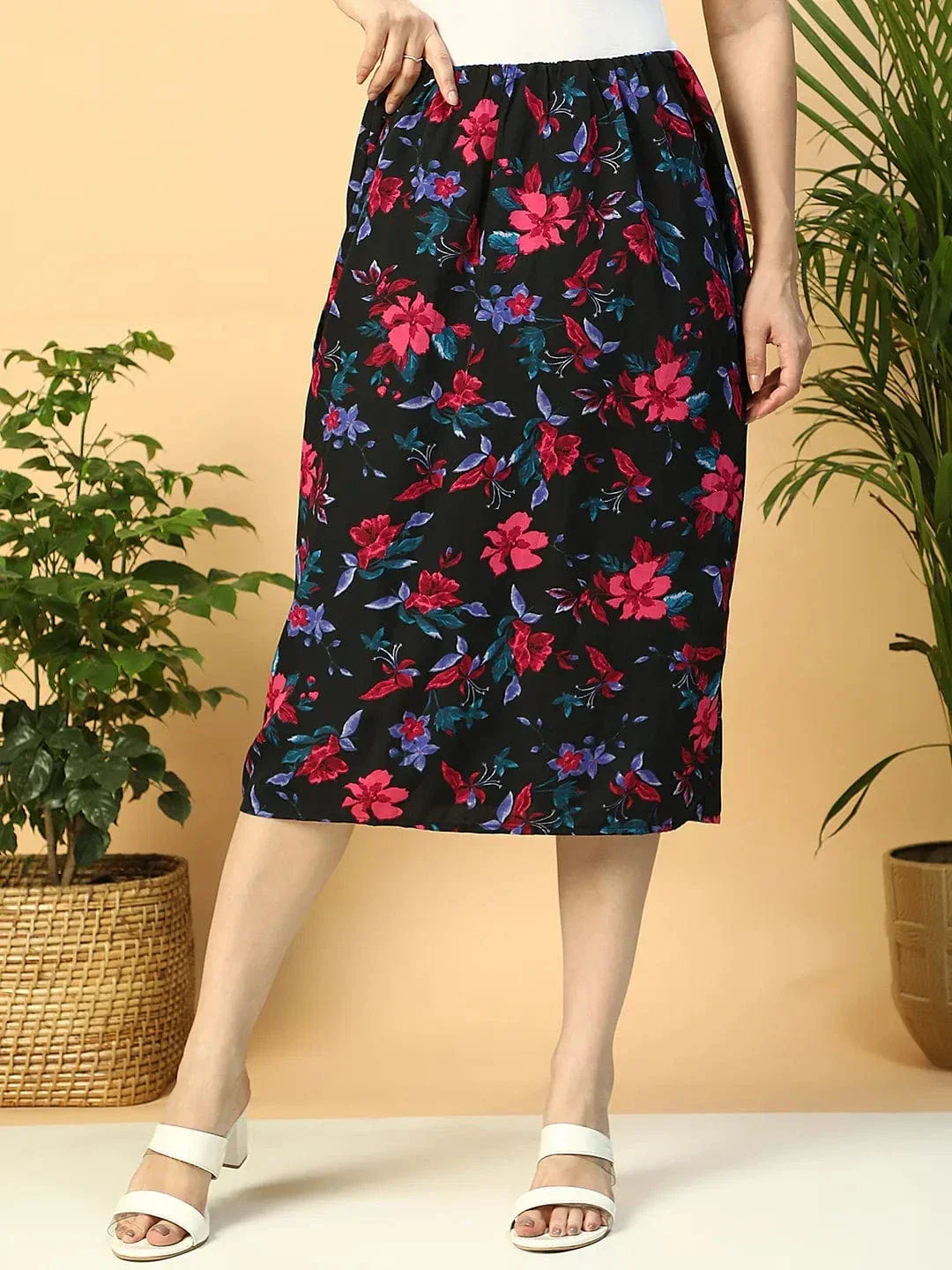 Multicolor Floral Print Elasticated Knee Length Women Satin Skirt