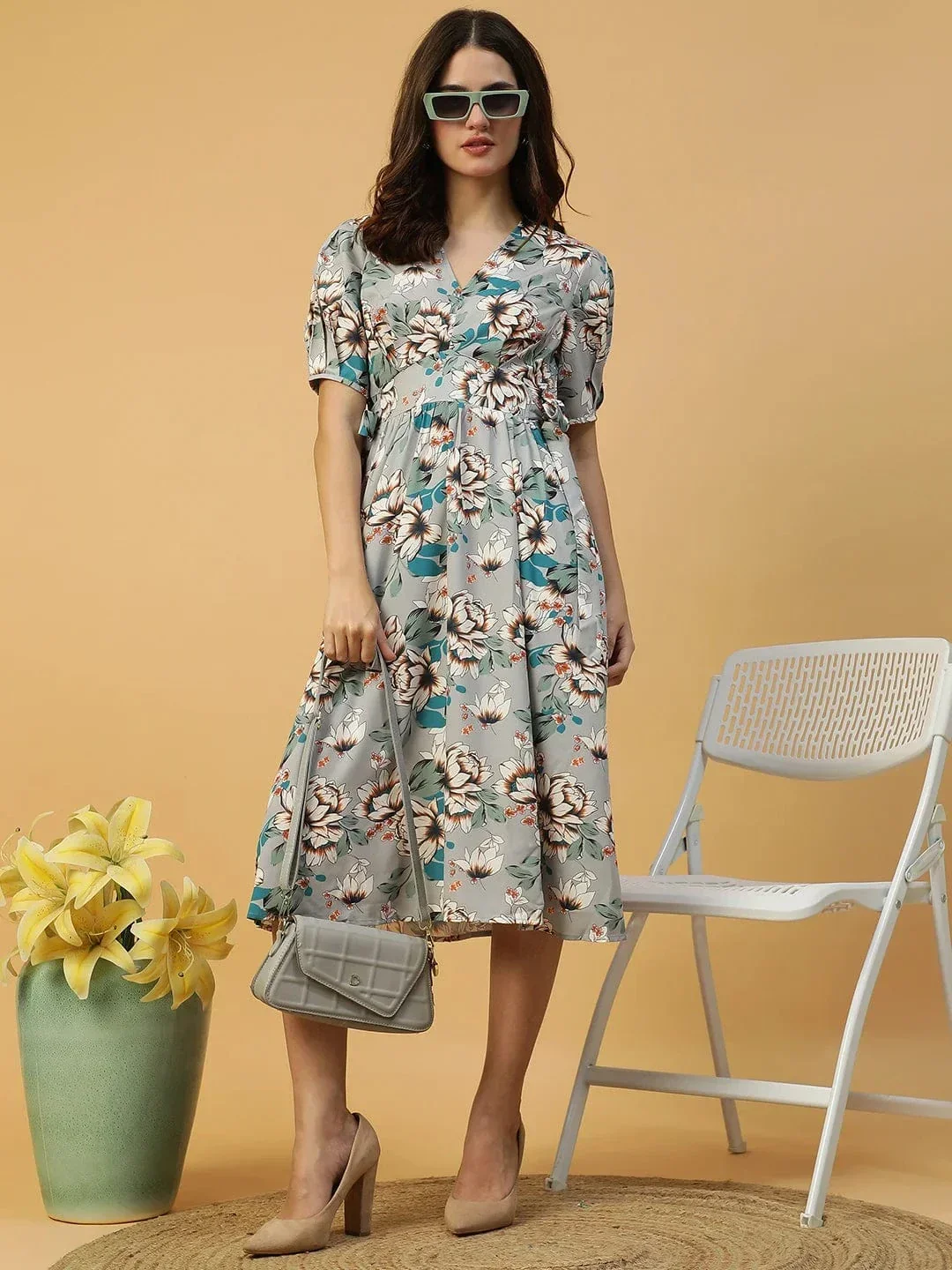 Multicolor Floral Print Elasticated With Tie-Up Detail Women Dress - Image 8