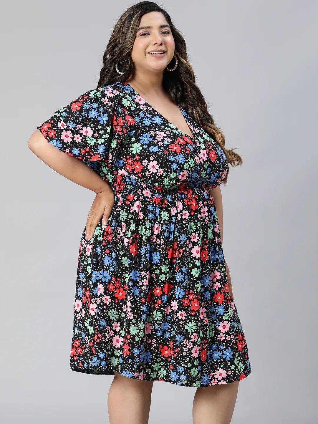 Multicolor Floral Print Knee-Length Plus Size Curvy Dress - Image 4