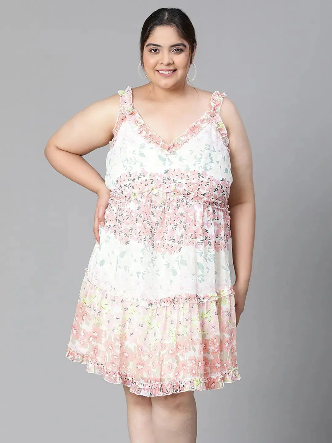 Multicolor Floral Print Knee-Length Plus Size Curvy Dress