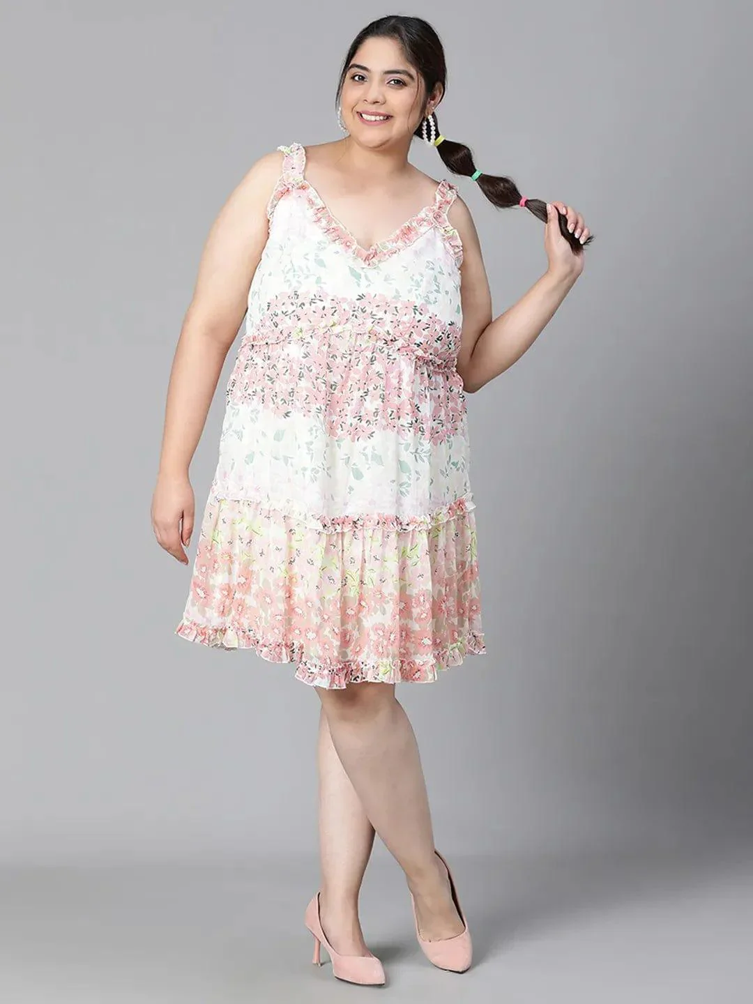 Multicolor Floral Print Knee-Length Plus Size Curvy Dress - Image 2