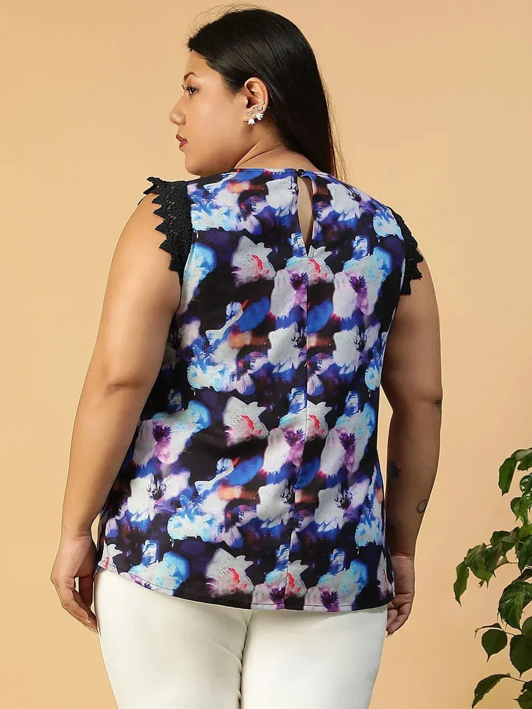 Multicolor Floral Print Lace Detail Cap Sleeve Plus Size Women Top - Image 5