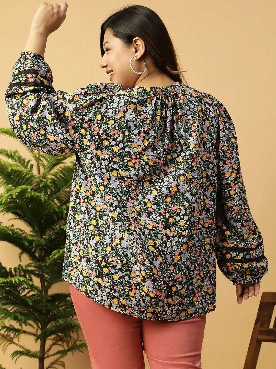 Multicolor Floral Print Long Sleeve Plus Size Women Shirt Top - Image 5
