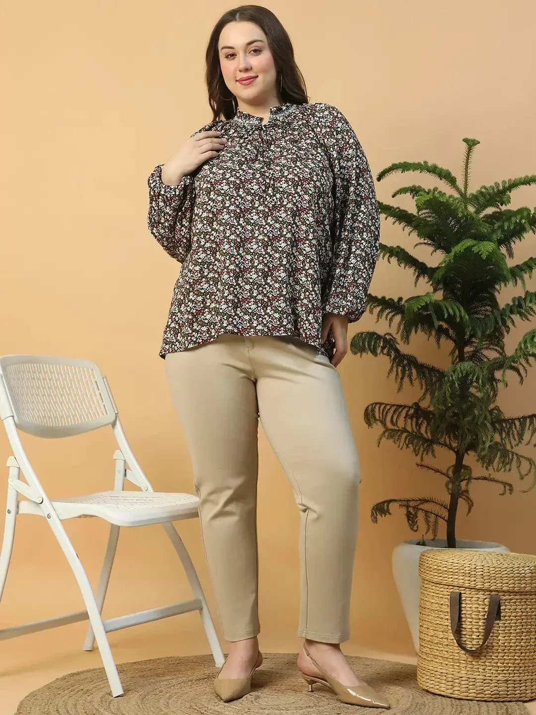 Multicolor Floral Print Long Sleeve Smocking Detail Plus Size Women Top - Image 2