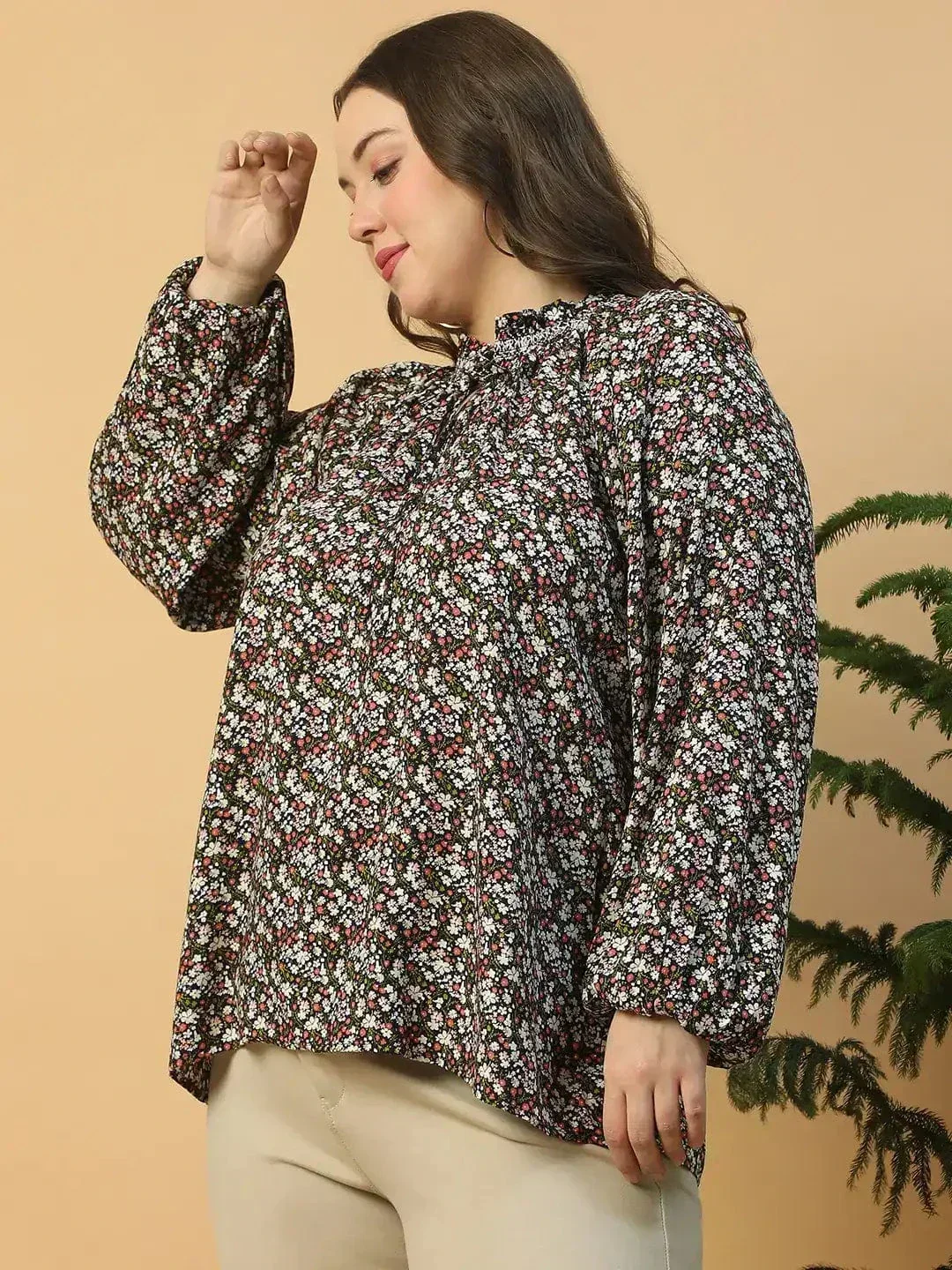 Multicolor Floral Print Long Sleeve Smocking Detail Plus Size Women Top - Image 3