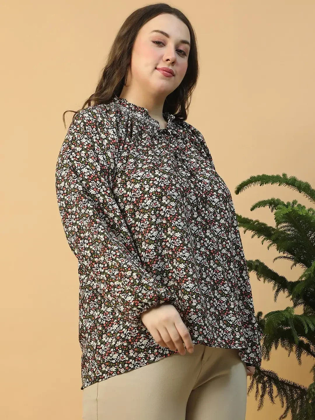 Multicolor Floral Print Long Sleeve Smocking Detail Plus Size Women Top - Image 4