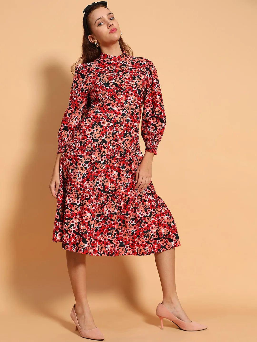 Multicolor Floral Print Mandarin Collar Long Sleeve Button Down Women Cotton Shirt Women Dress - Image 3