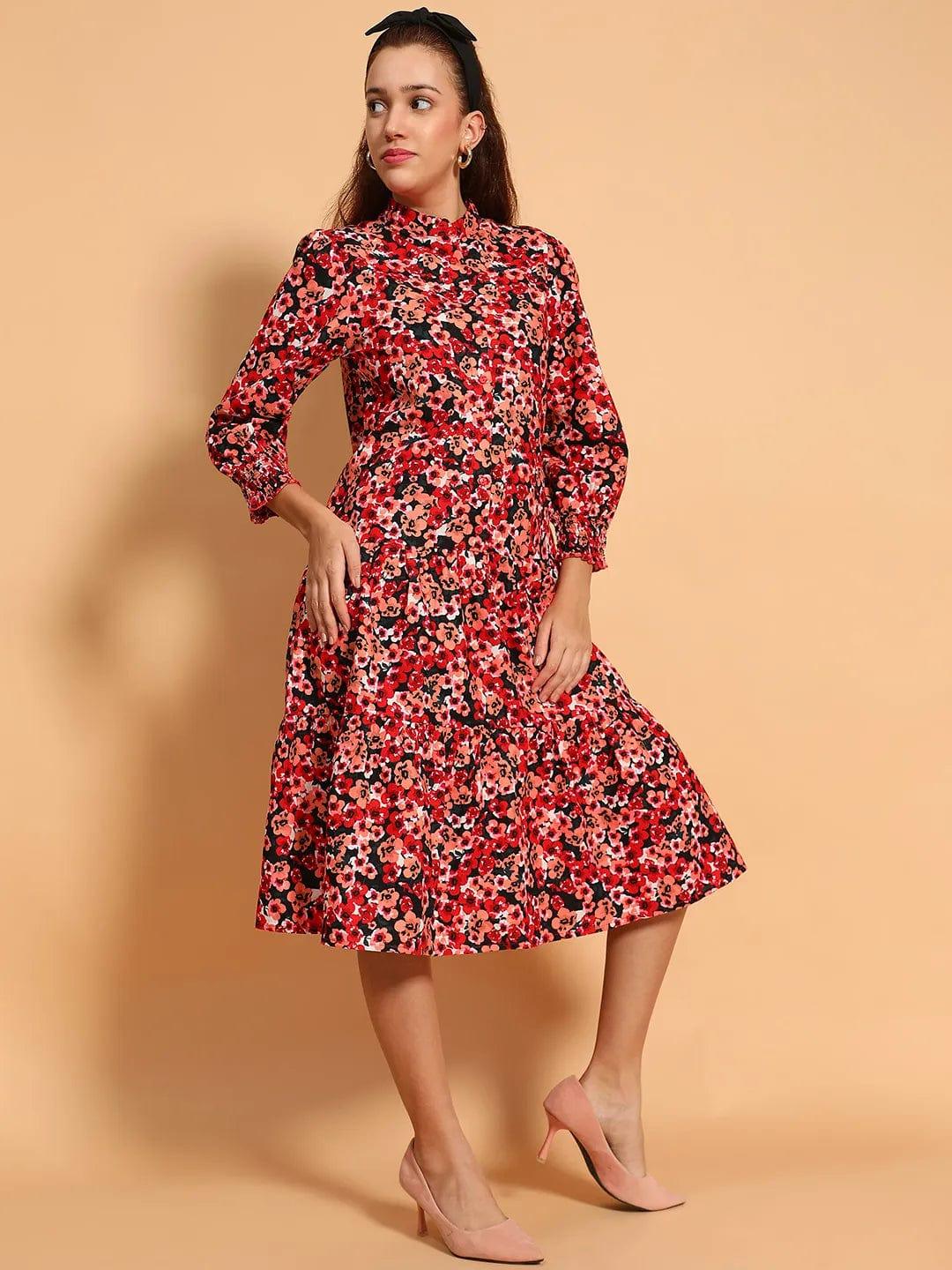 Multicolor Floral Print Mandarin Collar Long Sleeve Button Down Women Cotton Shirt Women Dress - Image 5