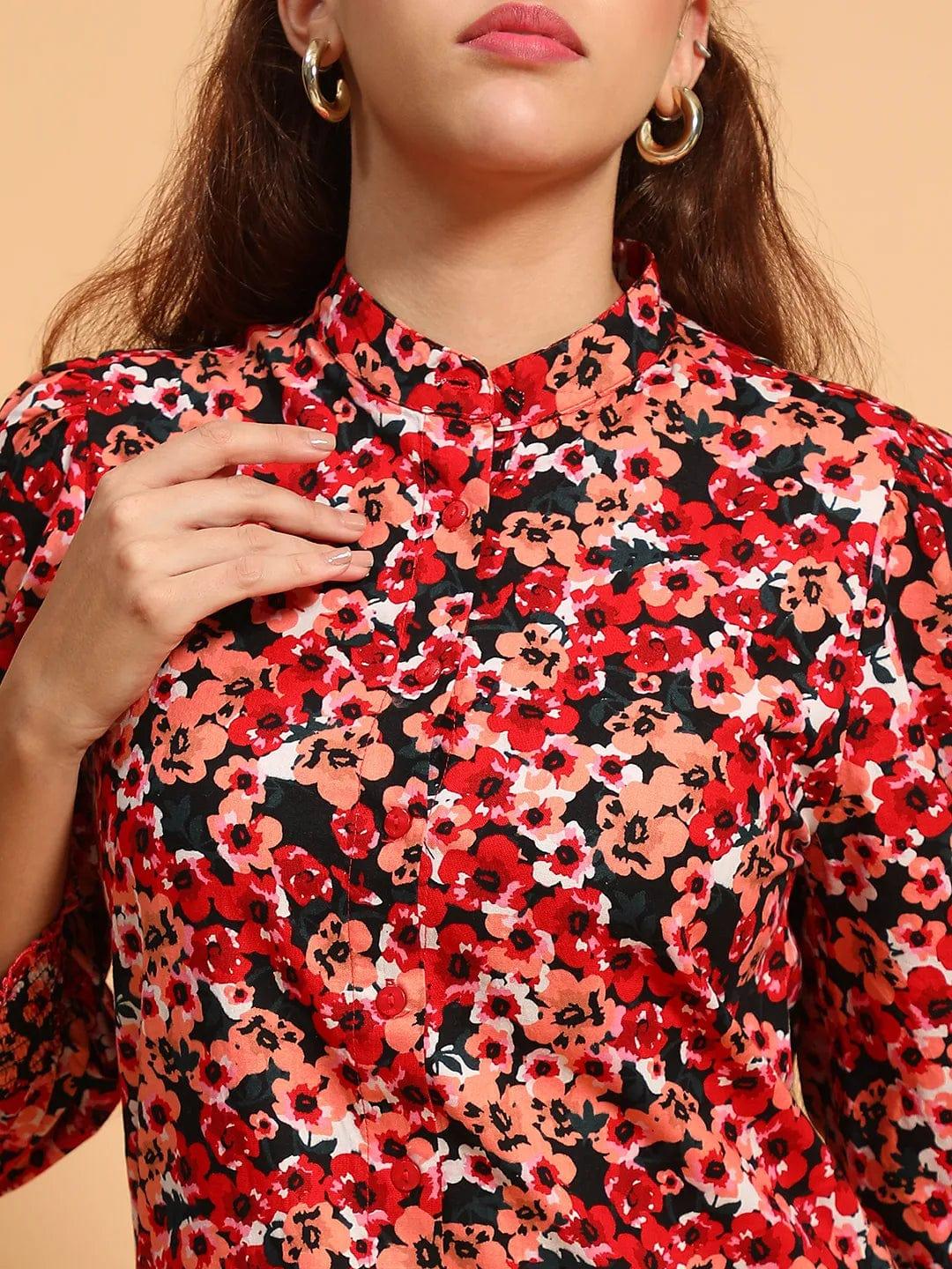 Multicolor Floral Print Mandarin Collar Long Sleeve Button Down Women Cotton Shirt Women Dress - Image 7
