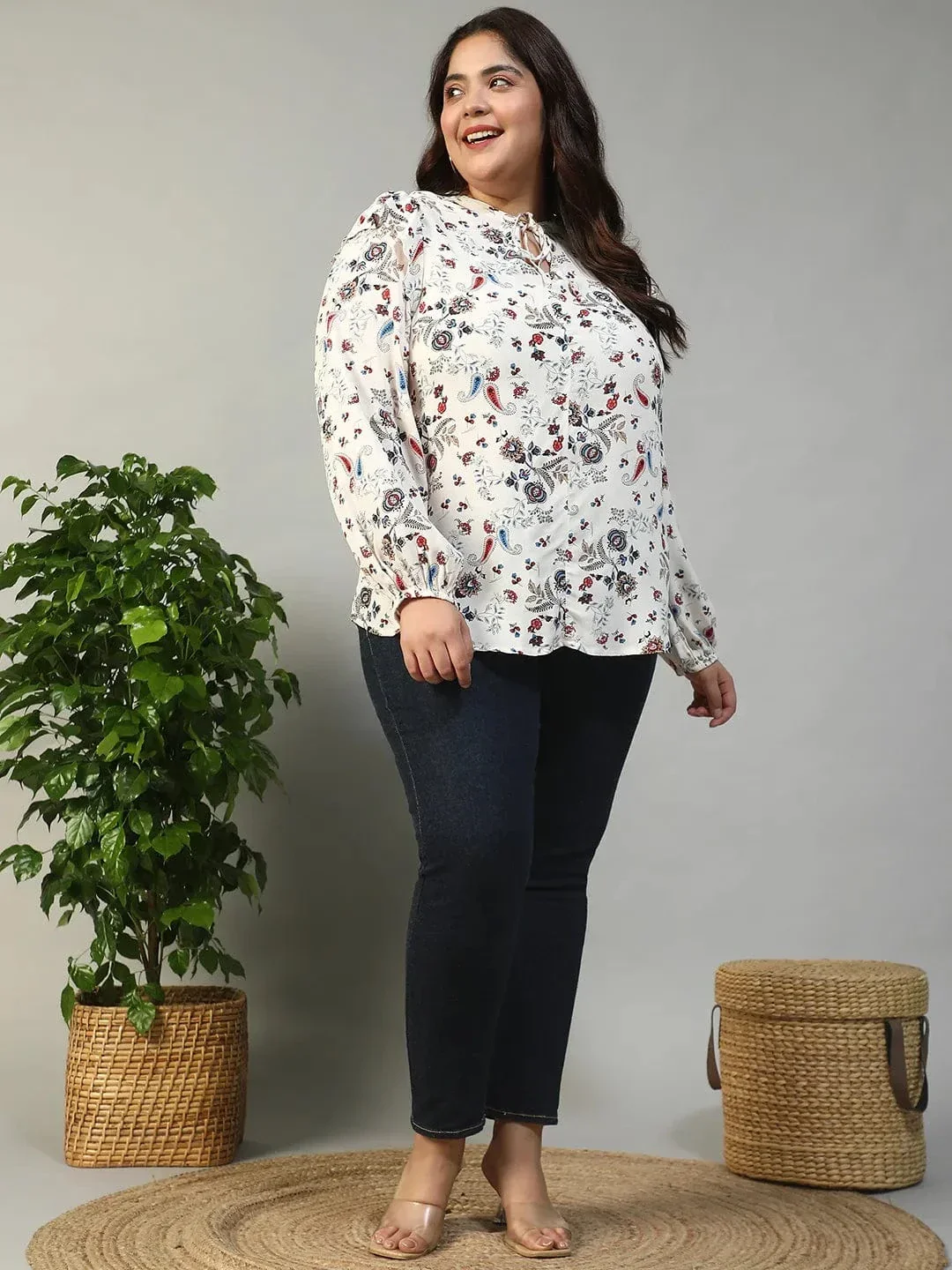 Multicolor Floral Print Round Neck With Tie-Up Detail Long Sleeve Ruffle Flair Plus Size Women Top - Image 2