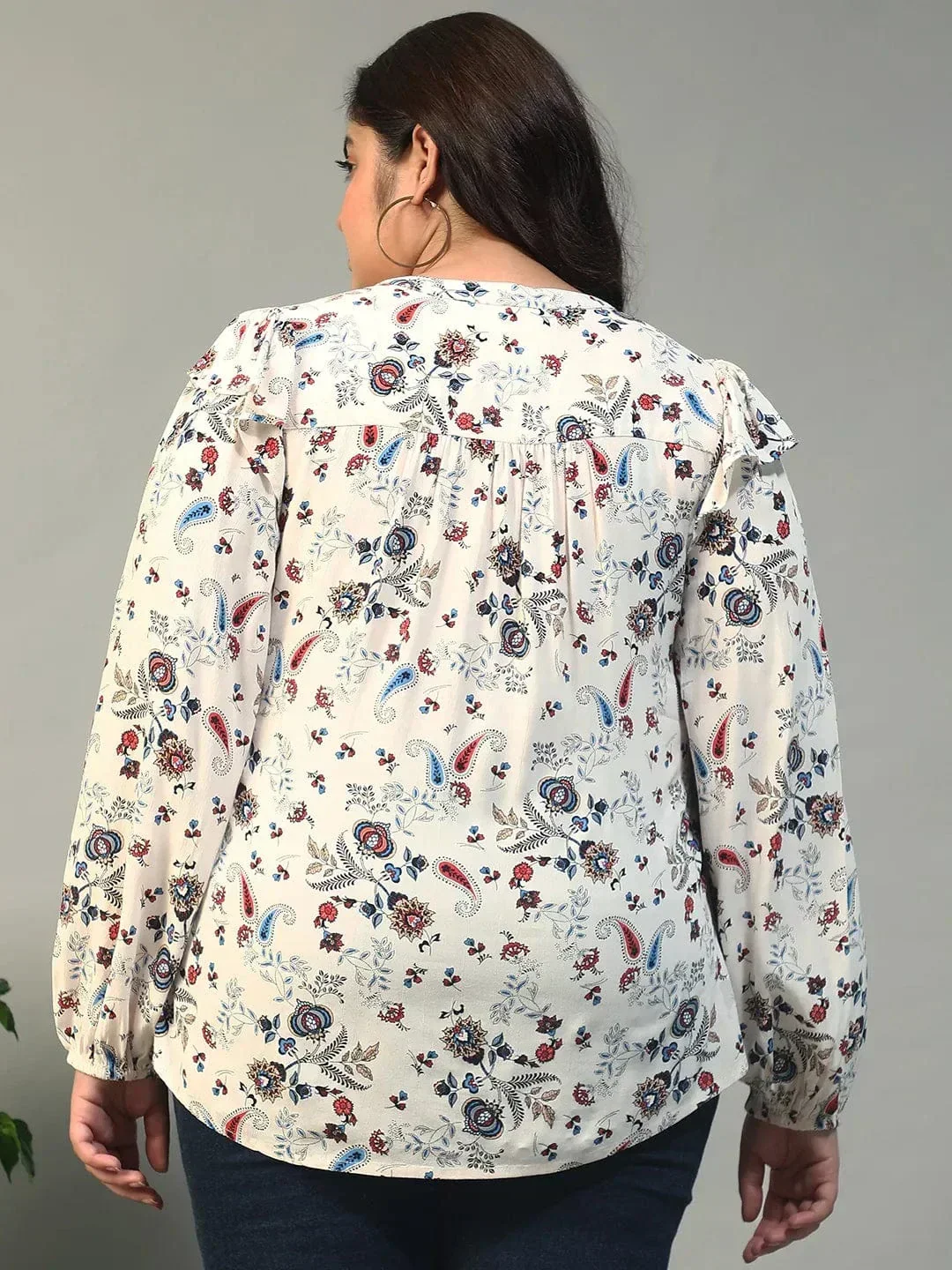 Multicolor Floral Print Round Neck With Tie-Up Detail Long Sleeve Ruffle Flair Plus Size Women Top - Image 5