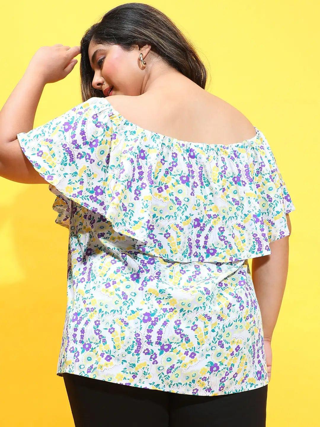 Multicolor Floral Print Ruffle Detail Off-Shoulder Plus Size Loopy Top - Image 3