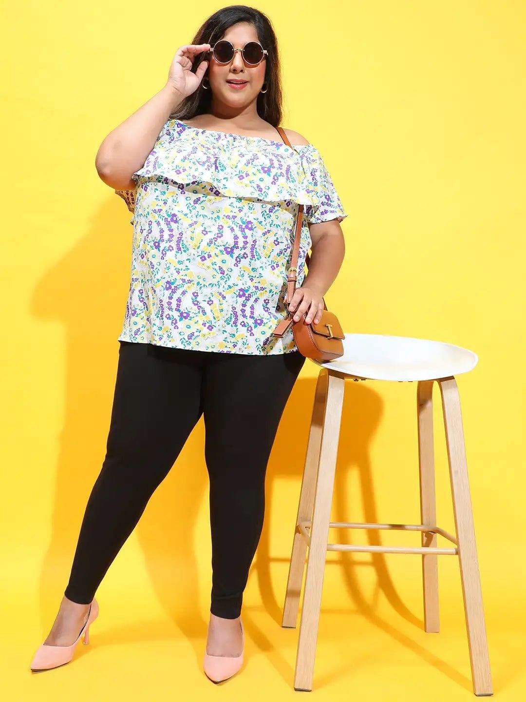 Multicolor Floral Print Ruffle Detail Off-Shoulder Plus Size Loopy Top - Image 6