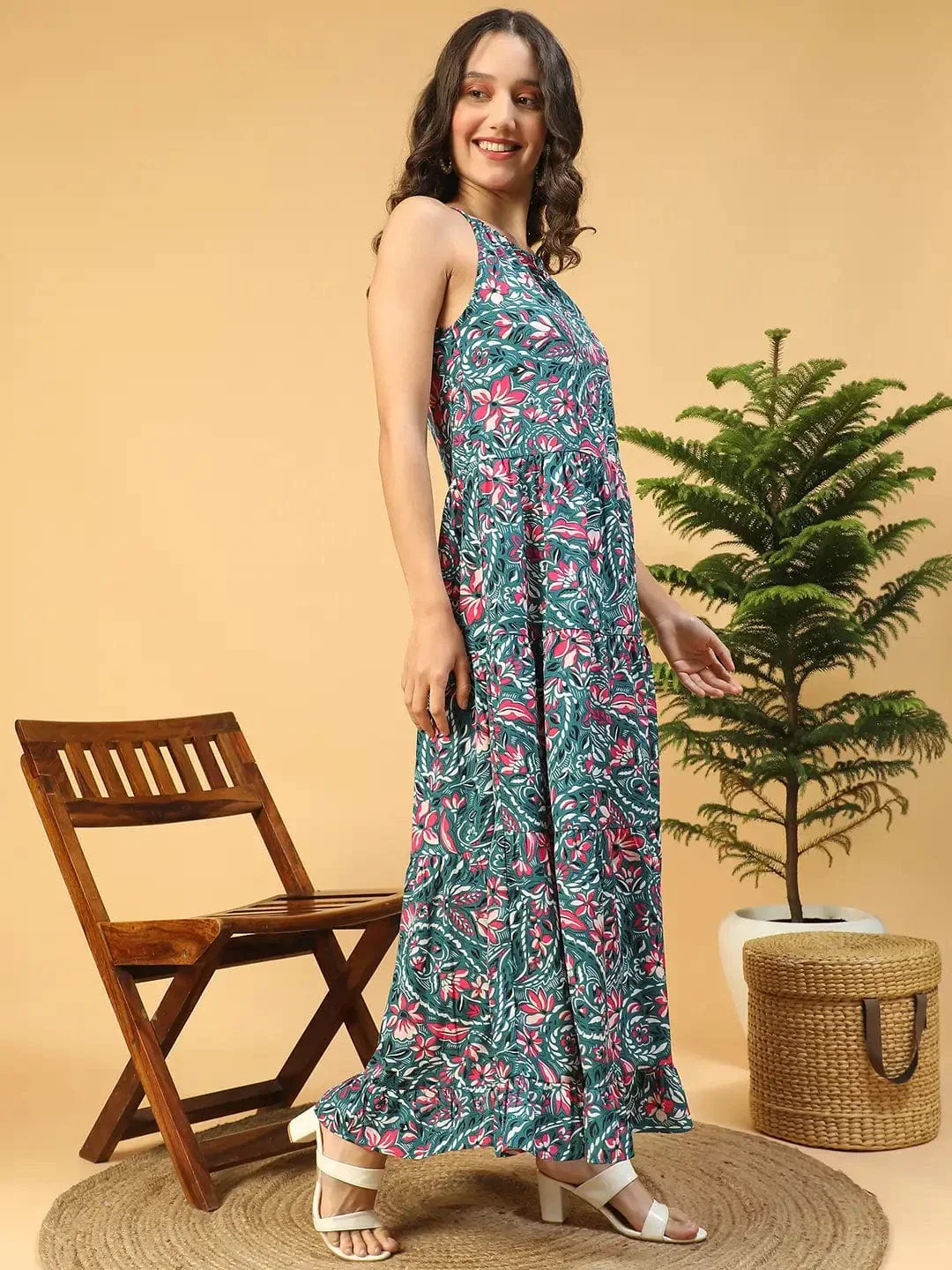 Multicolor Floral Print Shoulder Strap Long Flare Maxi Women Dress - Image 5