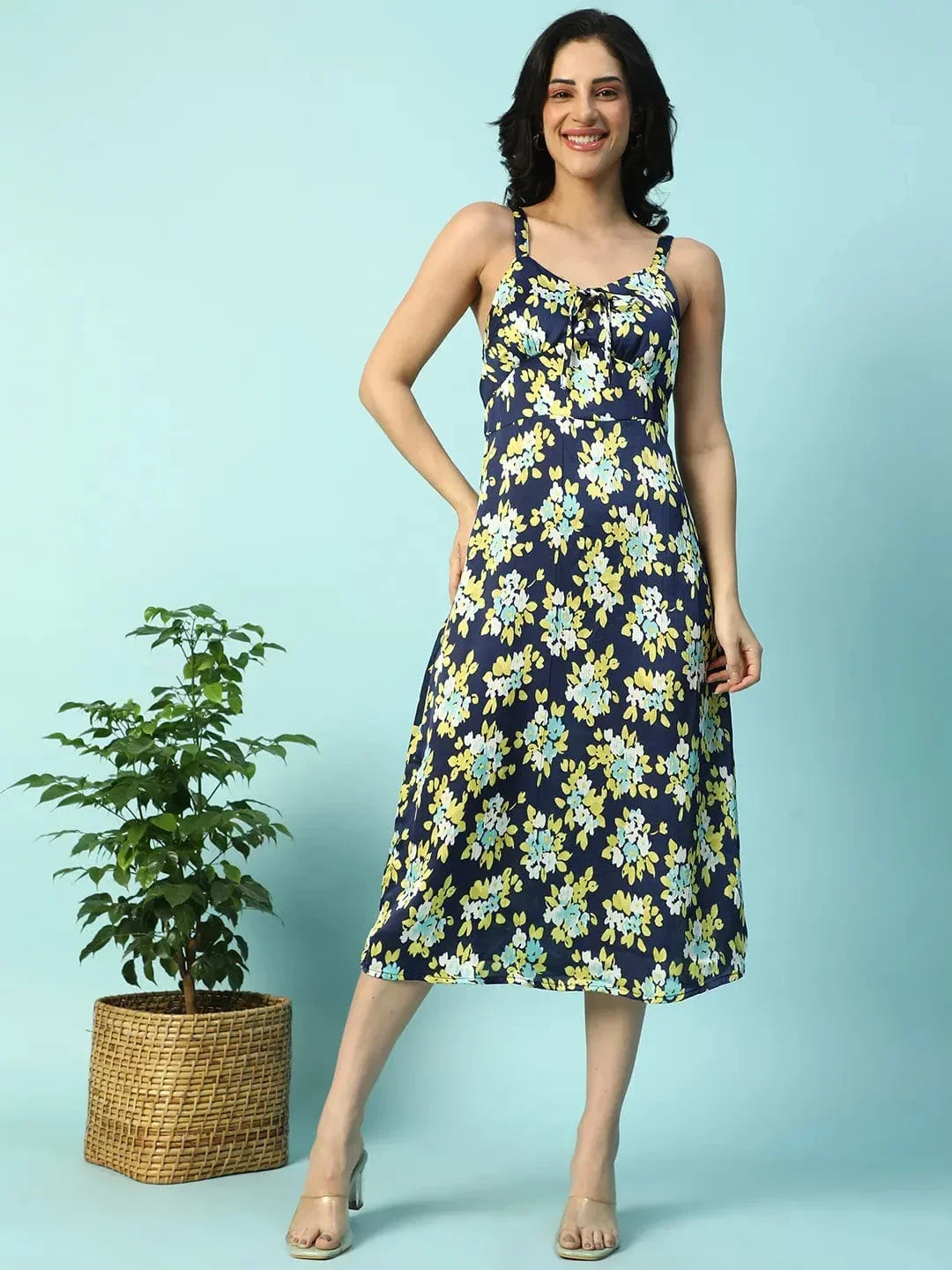 Multicolor Floral Print Shoulder Strap Sleeveless Women Satin Dress