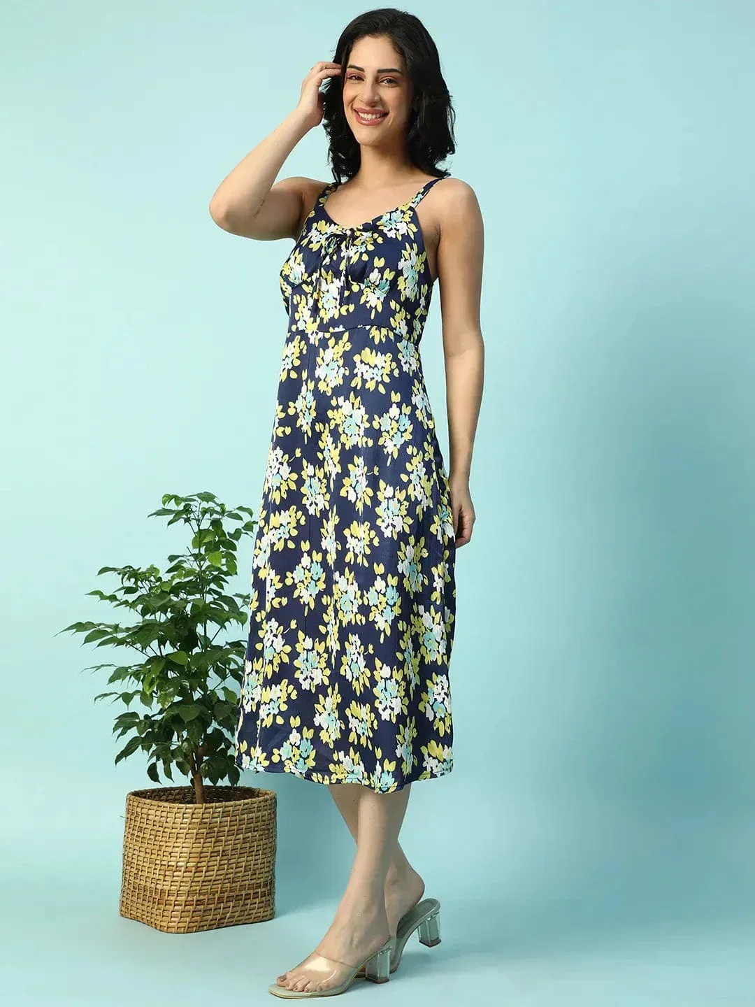 Multicolor Floral Print Shoulder Strap Sleeveless Women Satin Dress - Image 3
