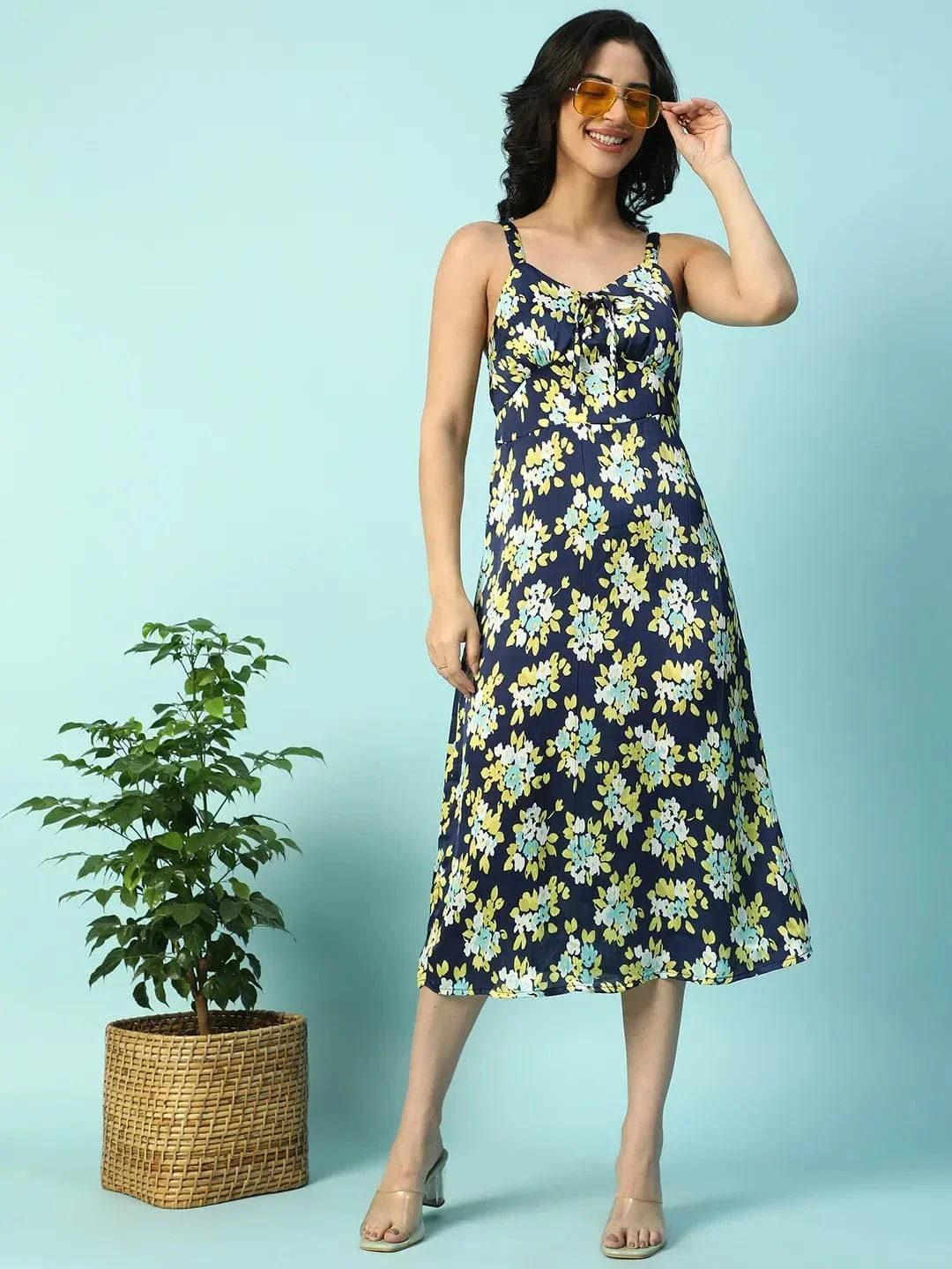Multicolor Floral Print Shoulder Strap Sleeveless Women Satin Dress - Image 8