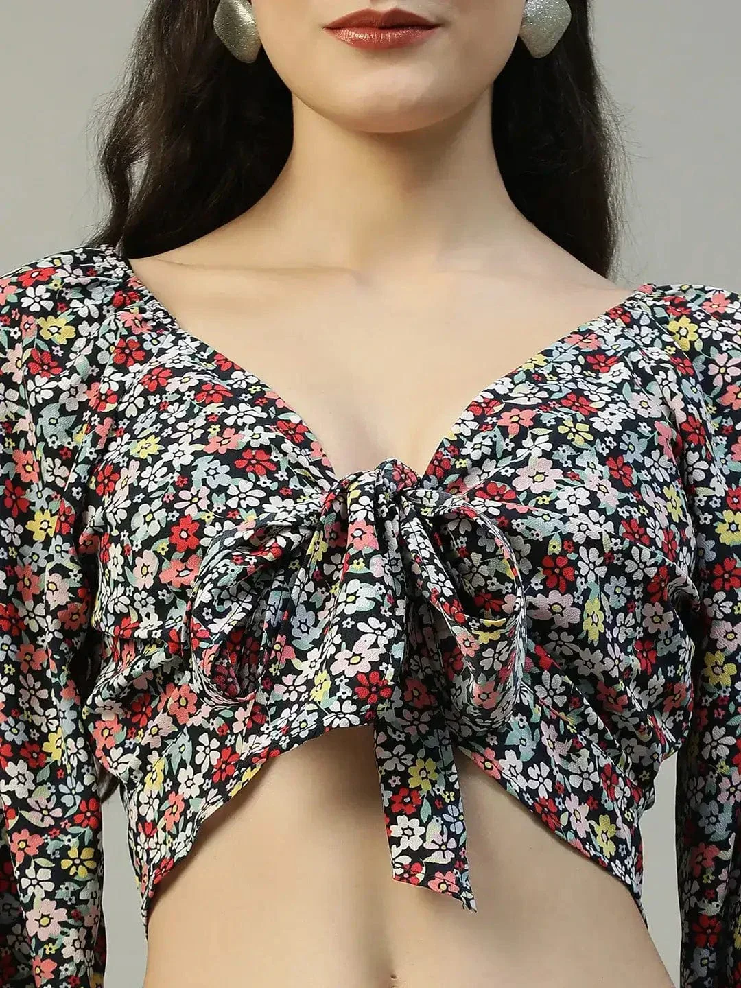 Multicolor Floral Print Tie-knotted long Sleeve Crop Women Top - Image 6
