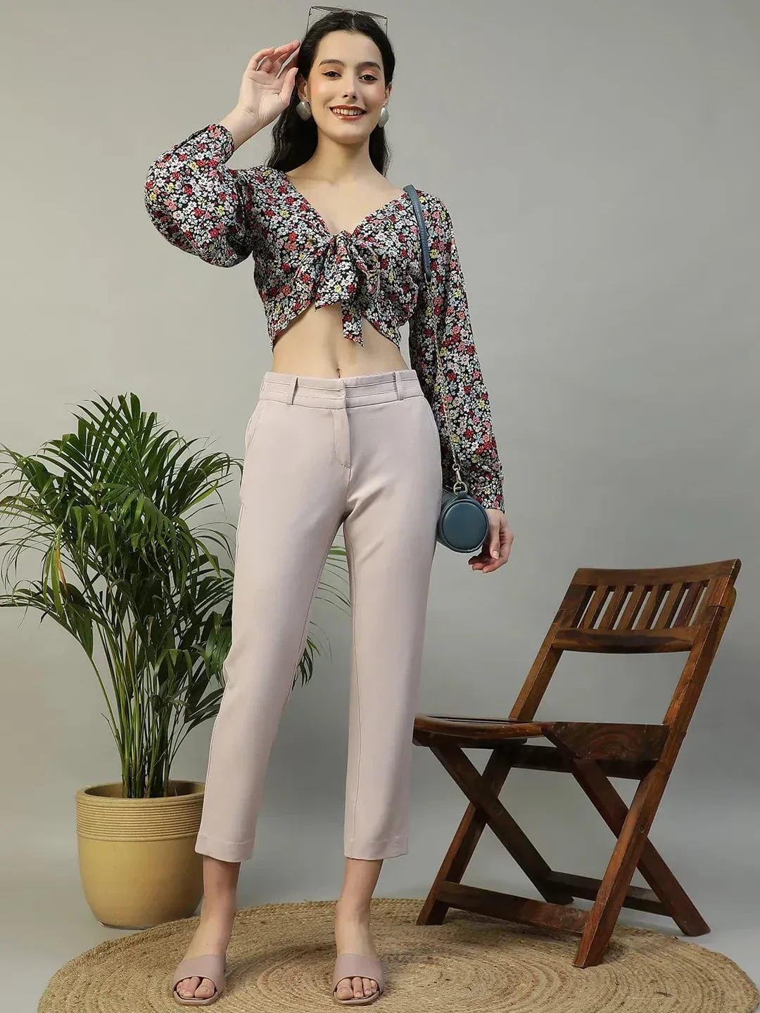 Multicolor Floral Print Tie-knotted long Sleeve Crop Women Top - Image 8