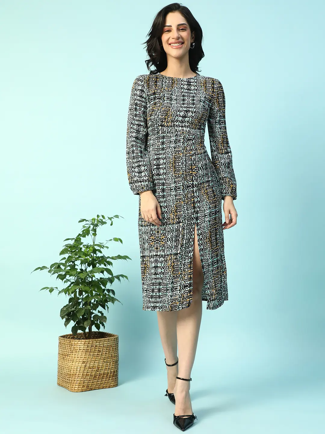 Multicolor Long sleeve Printed Women Dress with Slit Cut - Image 6