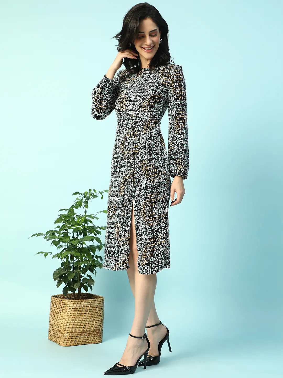 Multicolor Long sleeve Printed Women Dress with Slit Cut - Image 7