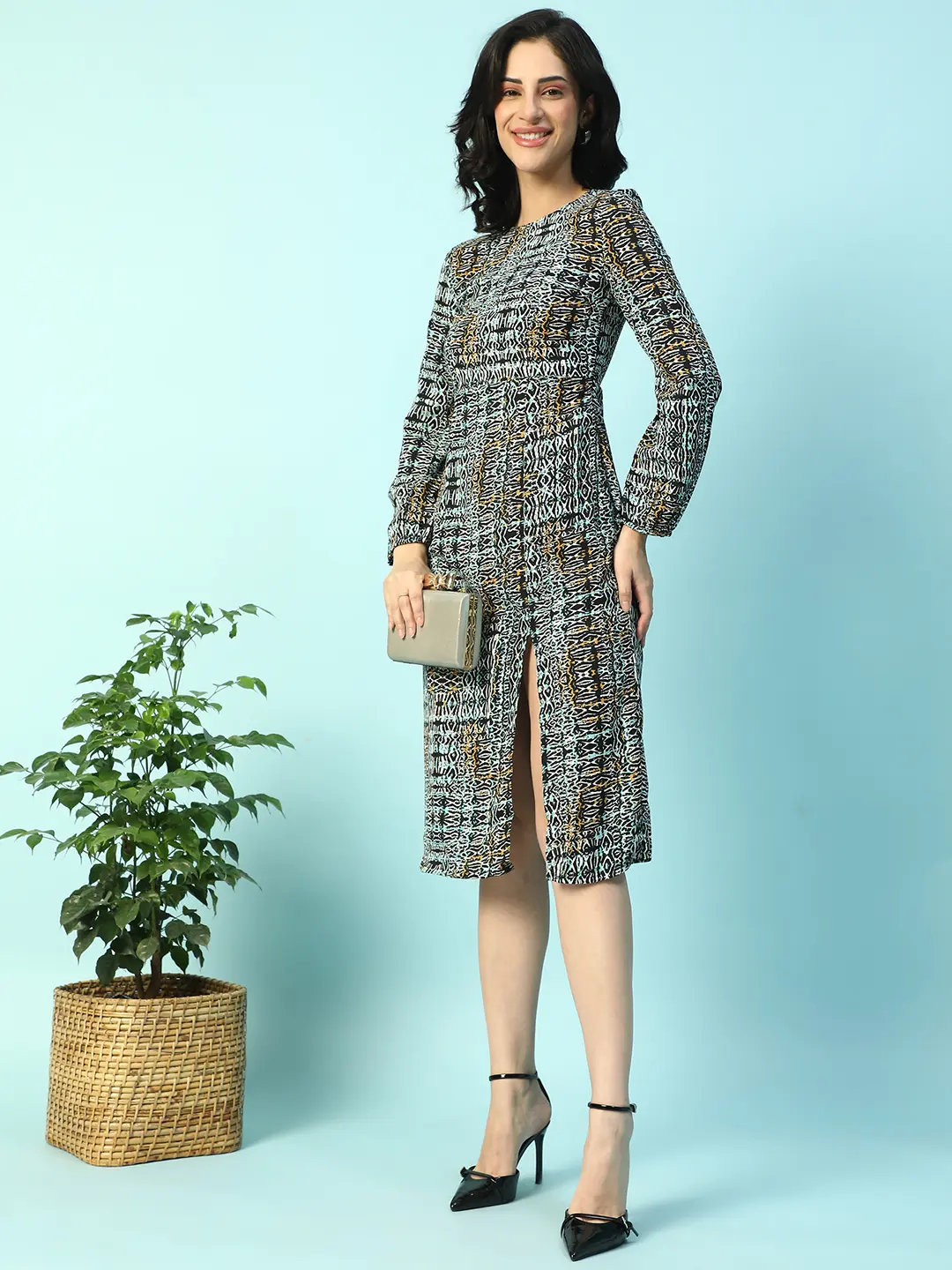Multicolor Long sleeve Printed Women Dress with Slit Cut - Image 9