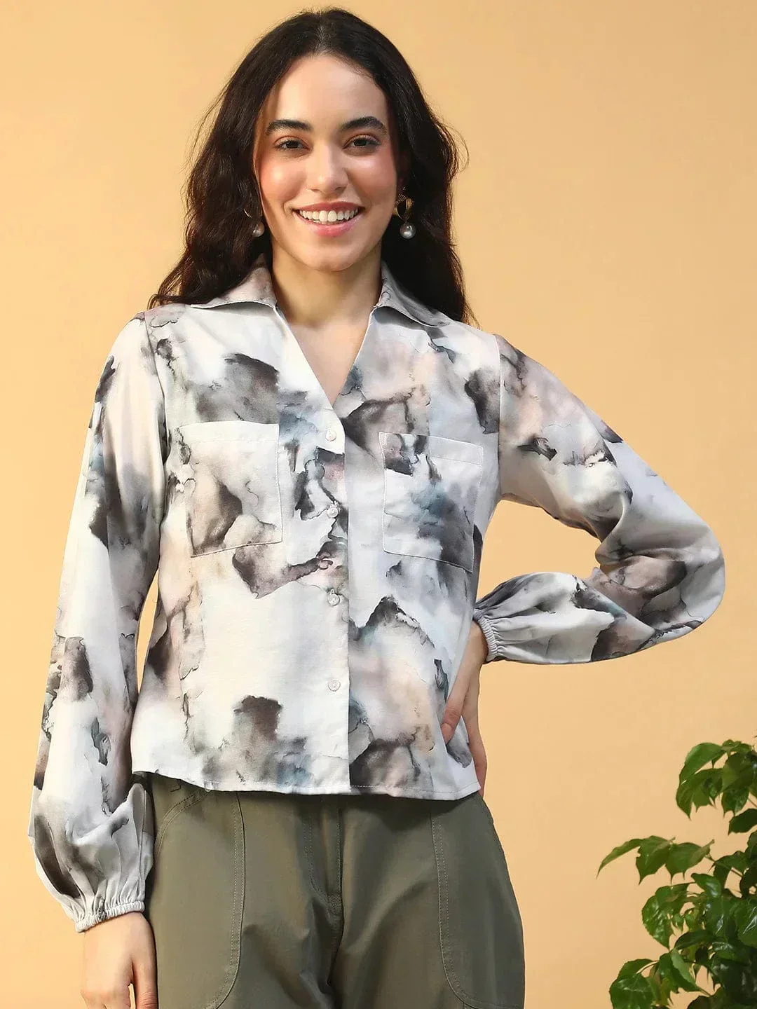 Multicolor Marble Print Collared Button Down Long Sleeve Women Shirt In Slub Fabric
