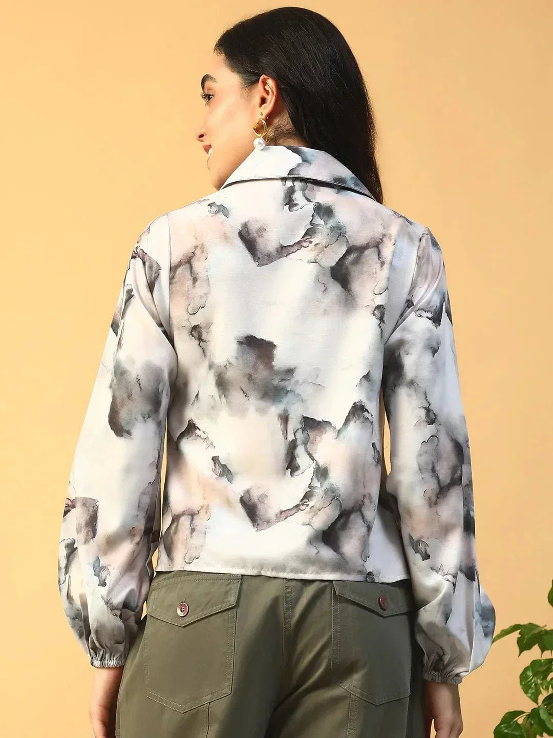 Multicolor Marble Print Collared Button Down Long Sleeve Women Shirt In Slub Fabric - Image 5