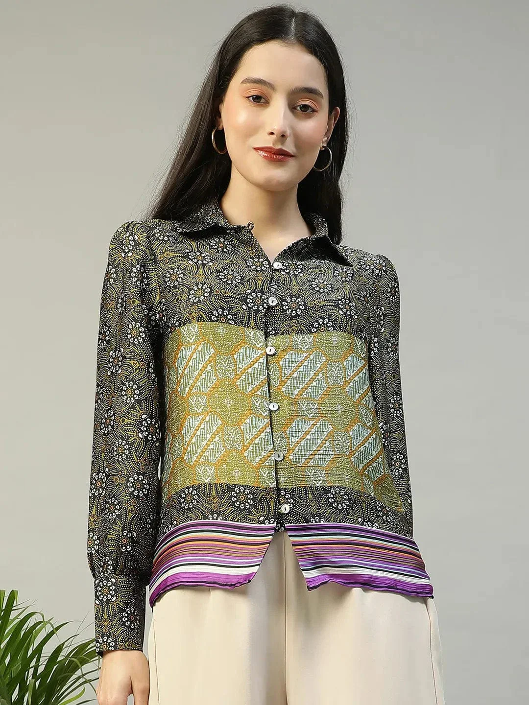 Multicolor Printed Collared Button Down Long Sleeve Women Shirt