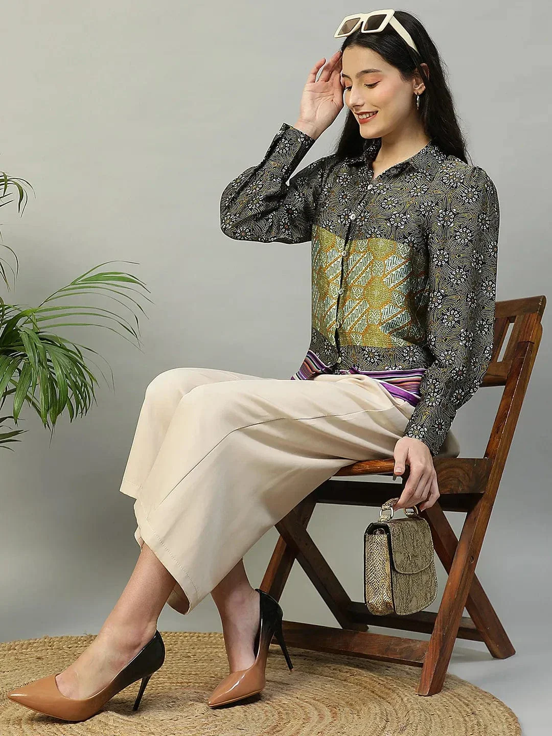 Multicolor Printed Collared Button Down Long Sleeve Women Shirt - Image 8
