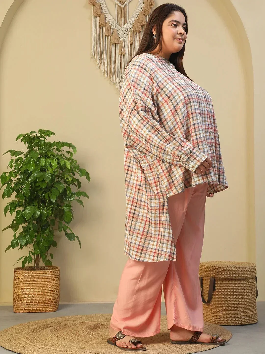Multicolor Round Neck With Button Placket Long Sleeve High Low Yarn Dyed Check Print Plus Size Women Cotton Tunic - Image 4