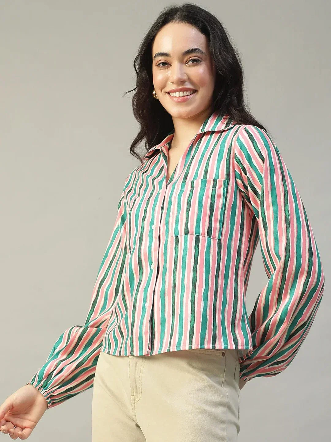 Multicolor Stripe Print Collared Button Down Long Sleeve Women Shirt In Slub Fabric - Image 3
