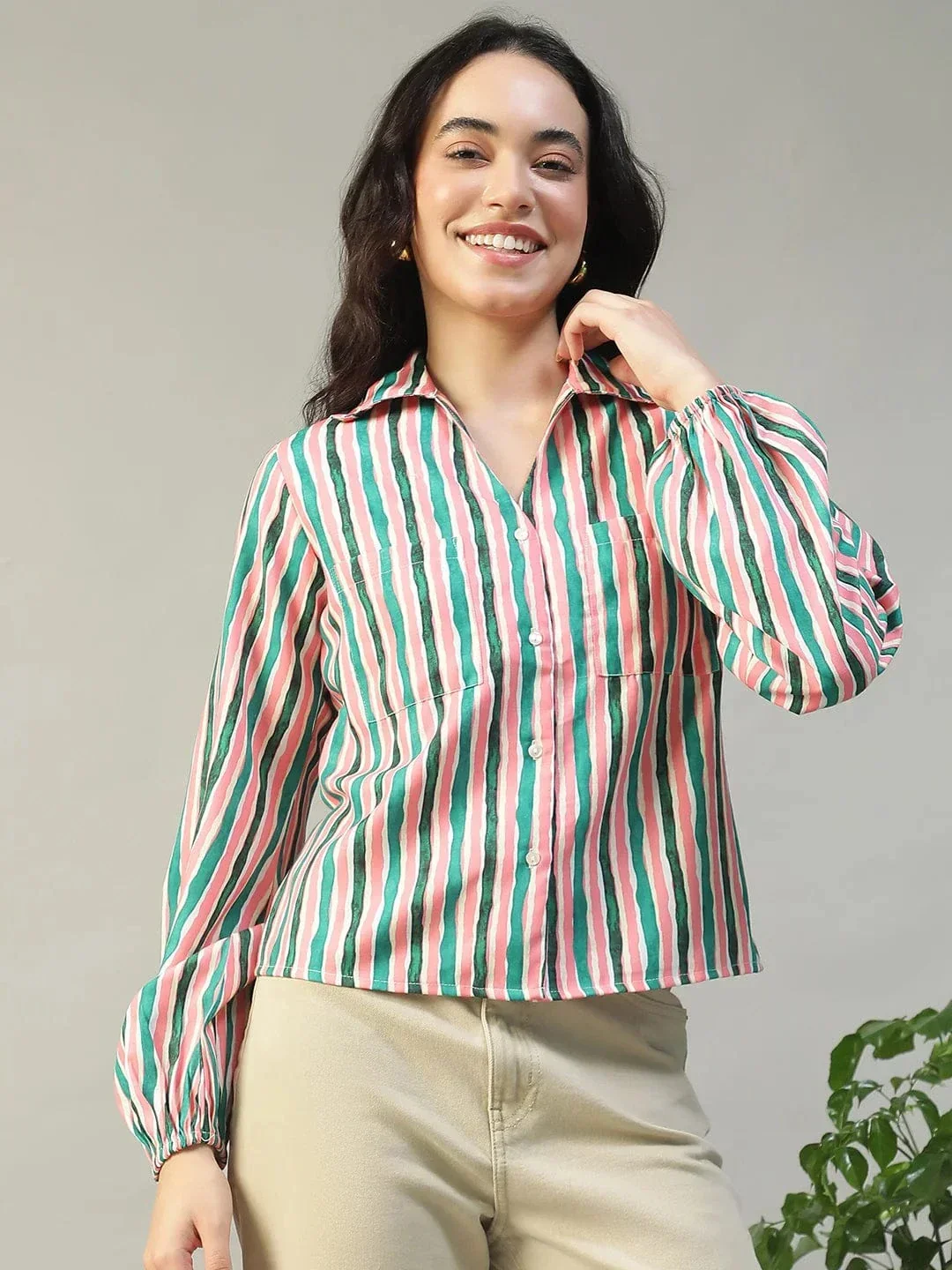 Multicolor Stripe Print Collared Button Down Long Sleeve Women Shirt In Slub Fabric - Image 4
