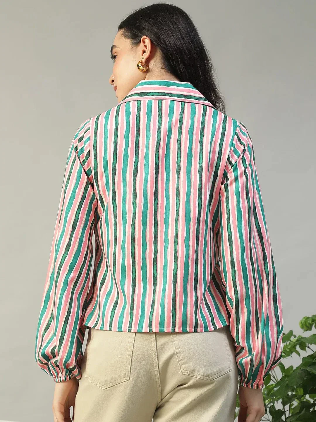 Multicolor Stripe Print Collared Button Down Long Sleeve Women Shirt In Slub Fabric - Image 5