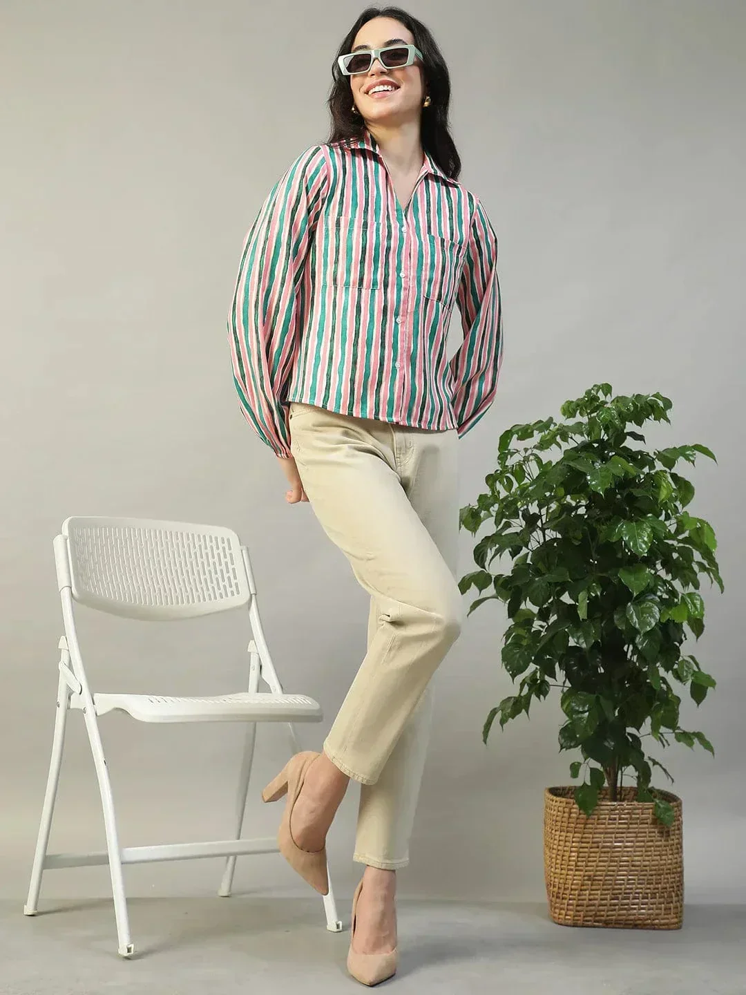 Multicolor Stripe Print Collared Button Down Long Sleeve Women Shirt In Slub Fabric - Image 7