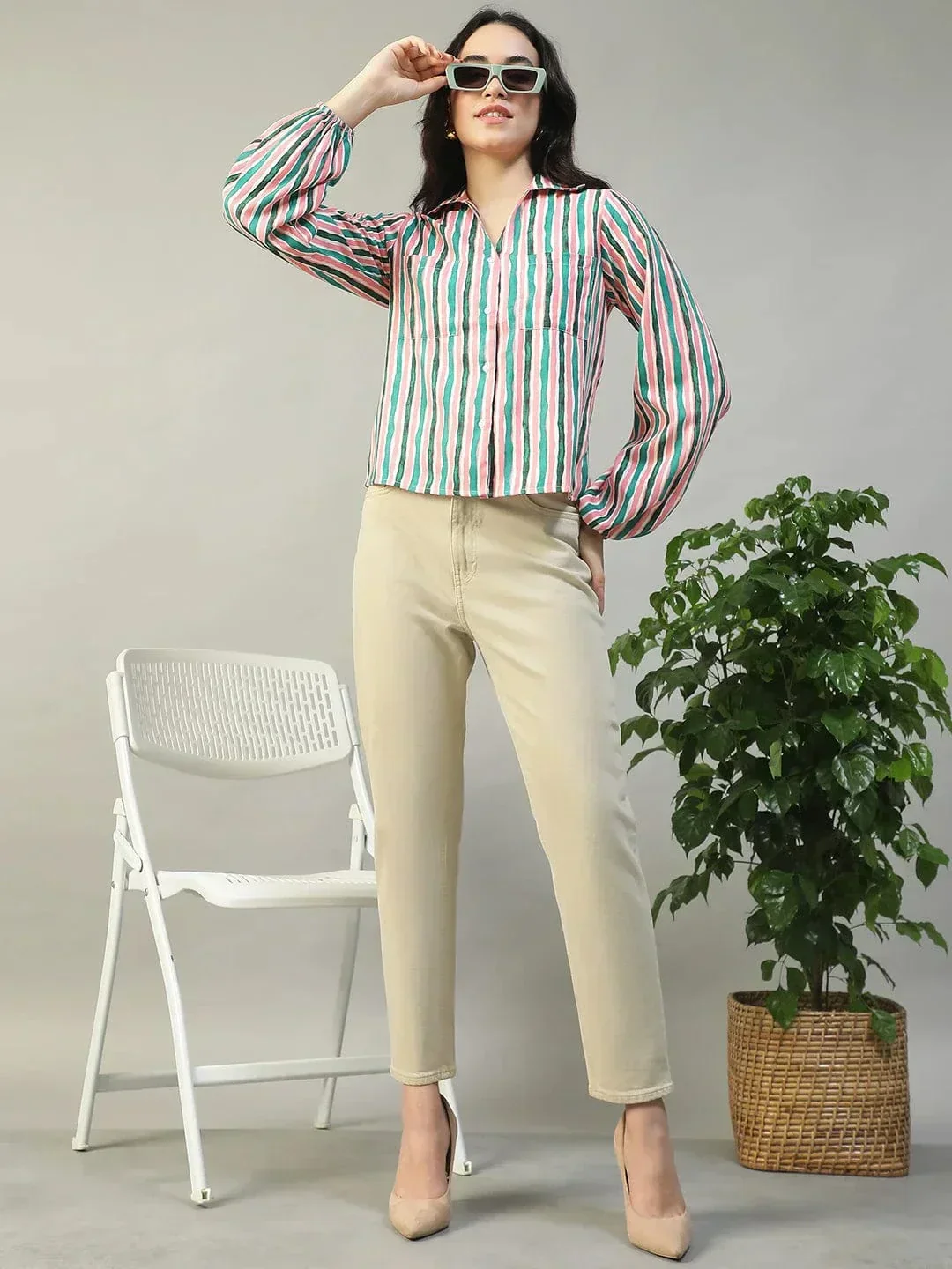 Multicolor Stripe Print Collared Button Down Long Sleeve Women Shirt In Slub Fabric - Image 8