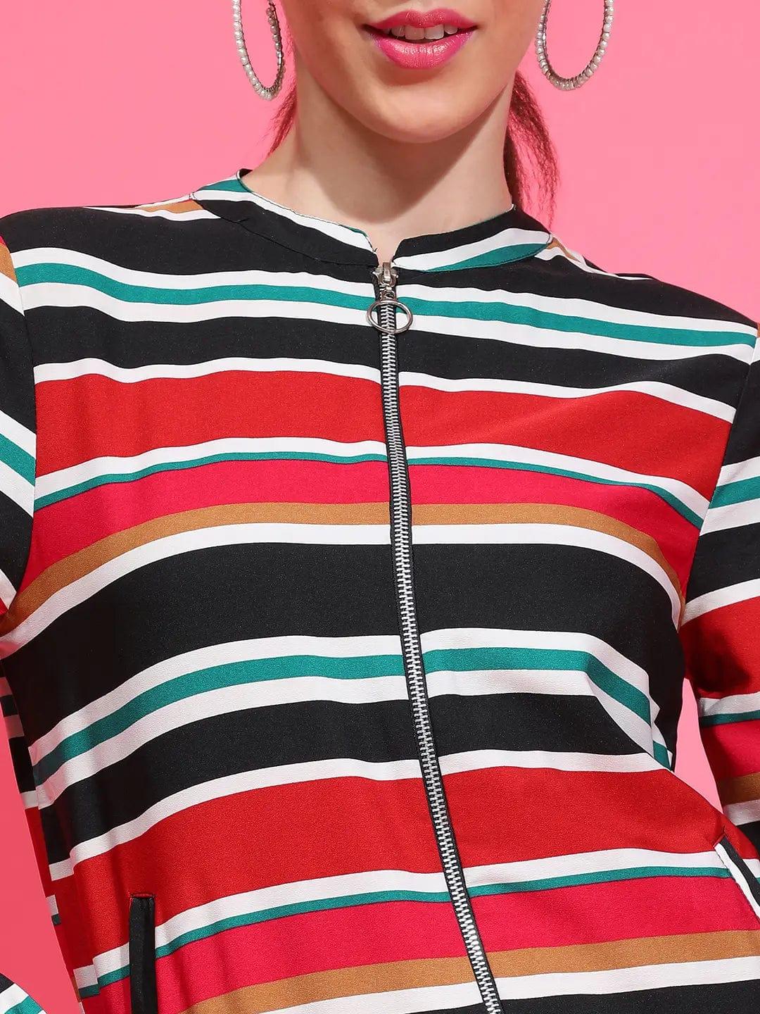 Multicolor Stripe Print Round Neck Long Sleeve Bomber Jacket - Image 6