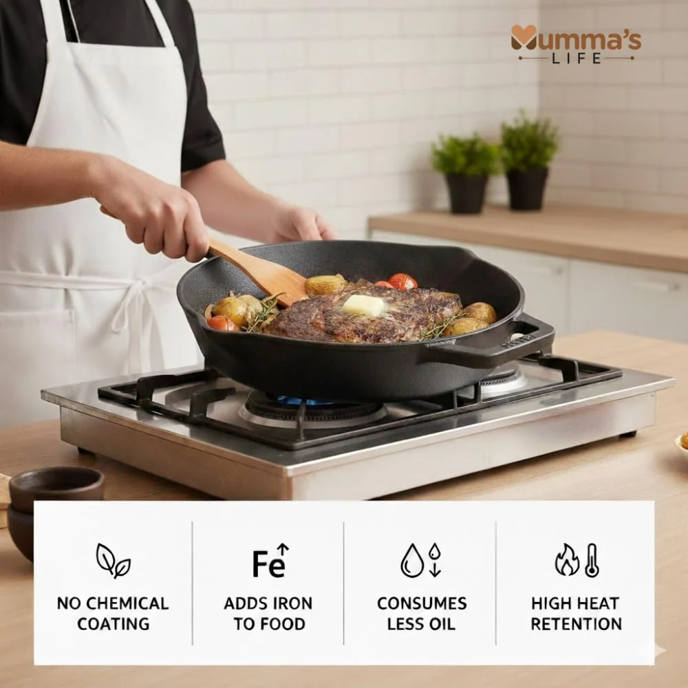 Mumma’s Life Cast Iron Cookware Set (3-Piece Combo) – Dosa Tawa (30.5 cm), Deep Kadai (2.3L) & Fry Pan (1.4L) | Pre-Seasoned, Naturally Non-Stick & Toxin-Free Heavy Duty Kitchen Set (Black) - Image 10