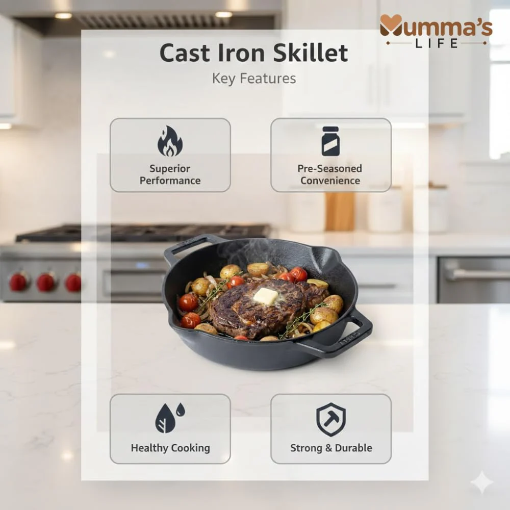 Mumma’s Life Cast Iron Cookware Set (3-Piece Combo) – Dosa Tawa (30.5 cm), Deep Kadai (2.3L) & Fry Pan (1.4L) | Pre-Seasoned, Naturally Non-Stick & Toxin-Free Heavy Duty Kitchen Set (Black) - Image 11