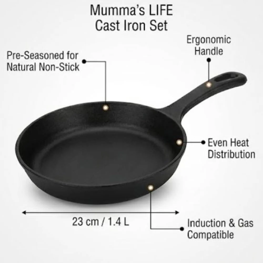 Mumma’s Life Cast Iron Cookware Set (3-Piece Combo) – Dosa Tawa (30.5 cm), Deep Kadai (2.3L) & Fry Pan (1.4L) | Pre-Seasoned, Naturally Non-Stick & Toxin-Free Heavy Duty Kitchen Set (Black) - Image 3
