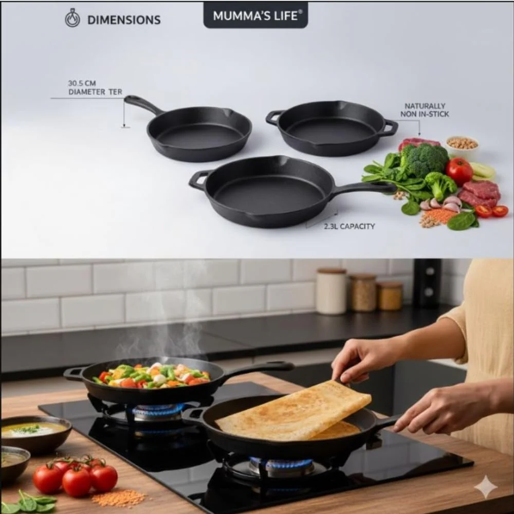 Mumma’s Life Cast Iron Cookware Set (3-Piece Combo) – Dosa Tawa (30.5 cm), Deep Kadai (2.3L) & Fry Pan (1.4L) | Pre-Seasoned, Naturally Non-Stick & Toxin-Free Heavy Duty Kitchen Set (Black) - Image 4