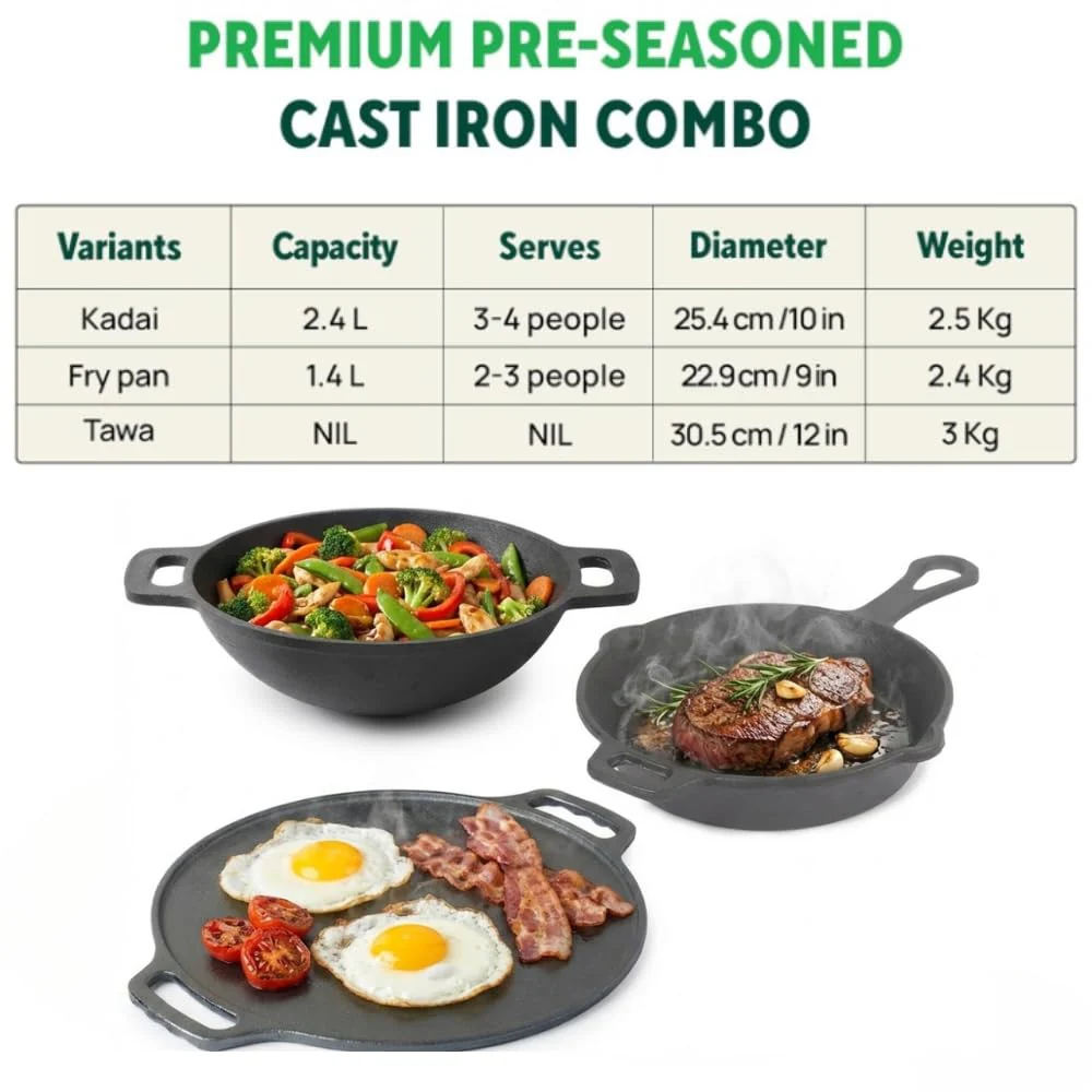 Mumma’s Life Cast Iron Cookware Set (3-Piece Combo) – Dosa Tawa (30.5 cm), Deep Kadai (2.3L) & Fry Pan (1.4L) | Pre-Seasoned, Naturally Non-Stick & Toxin-Free Heavy Duty Kitchen Set (Black) - Image 5