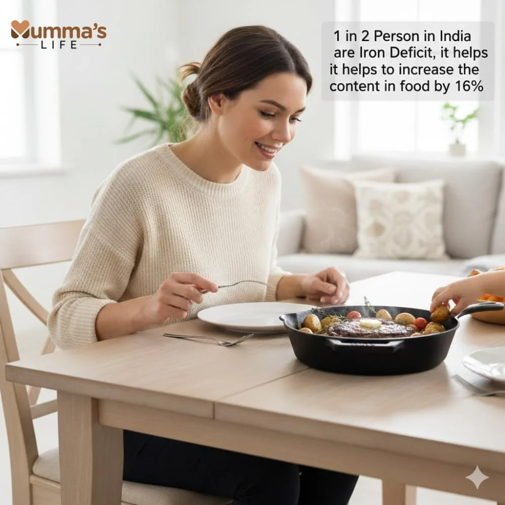 Mumma’s Life Cast Iron Cookware Set (3-Piece Combo) – Dosa Tawa (30.5 cm), Deep Kadai (2.3L) & Fry Pan (1.4L) | Pre-Seasoned, Naturally Non-Stick & Toxin-Free Heavy Duty Kitchen Set (Black) - Image 8