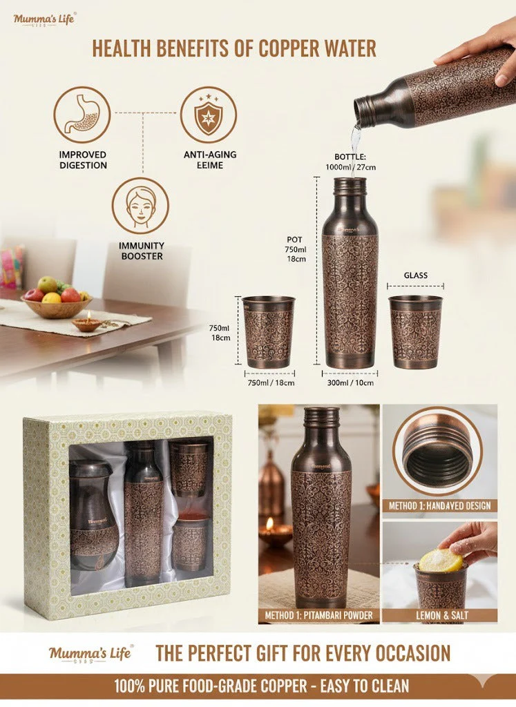 Mumma’s Life Pure Copper Gift Set – 1000ml Leak-Proof Water Bottle, 2 Glasses & 1 Jug with Intricate Embossed Design – Ayurvedic Health Benefits, Luxury Gift Box for Home, Office & Gifting - Image 2