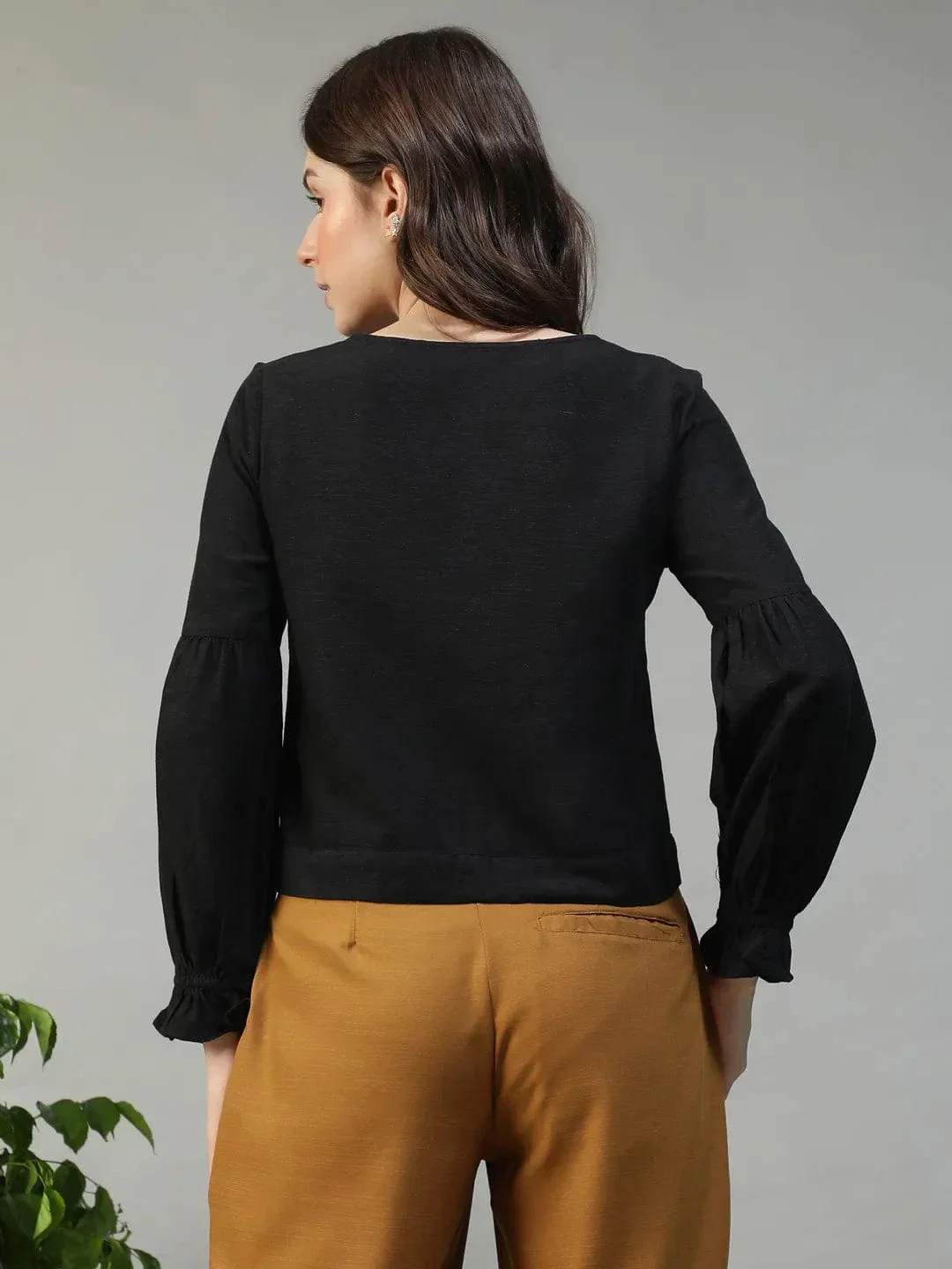 Muse Black Long Sleeve Lace & Tie-Up Detail Button-Down Front Women Cotton Linen Top - Image 5