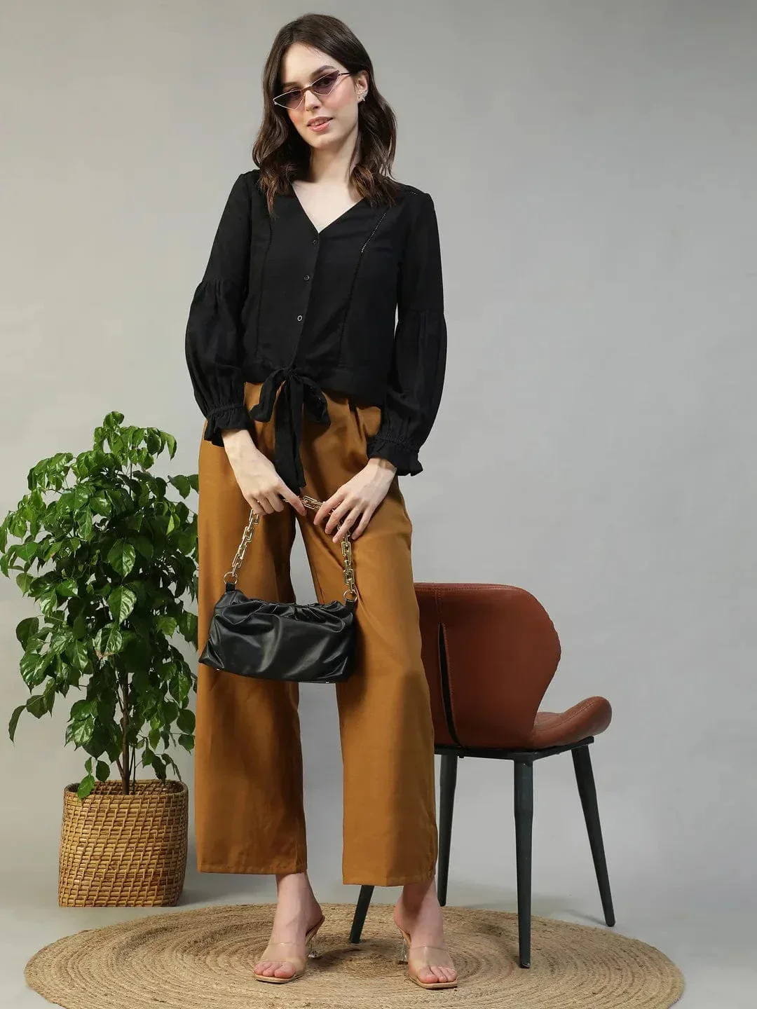 Muse Black Long Sleeve Lace & Tie-Up Detail Button-Down Front Women Cotton Linen Top - Image 7