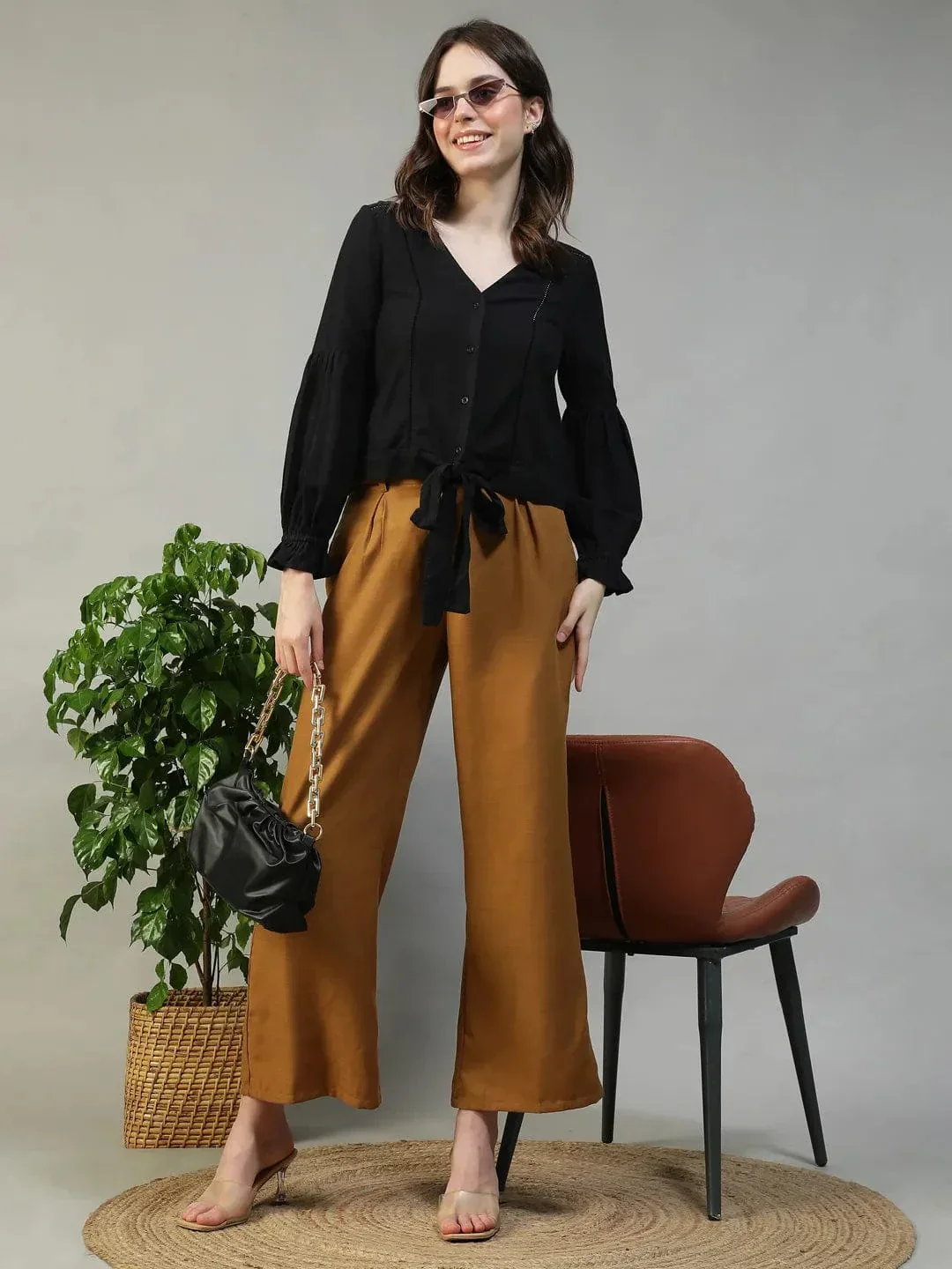 Muse Black Long Sleeve Lace & Tie-Up Detail Button-Down Front Women Cotton Linen Top - Image 8