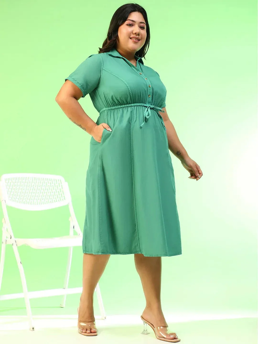 Mystical Green Collared Short Sleeve Elasticated Tie-Up Detail Button Down Plus Size Women Cotton Dress - Image 4